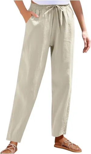 Women Cotton Linen Straight Leg Pants Elastic Drawstring Casual Jogger Trousers with Pockets Summer Beach Lounge Pants