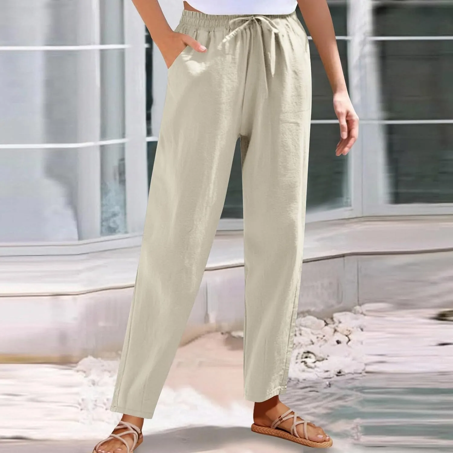 Women Cotton Linen Straight Leg Pants Elastic Drawstring Casual Jogger Trousers with Pockets Summer Beach Lounge Pants