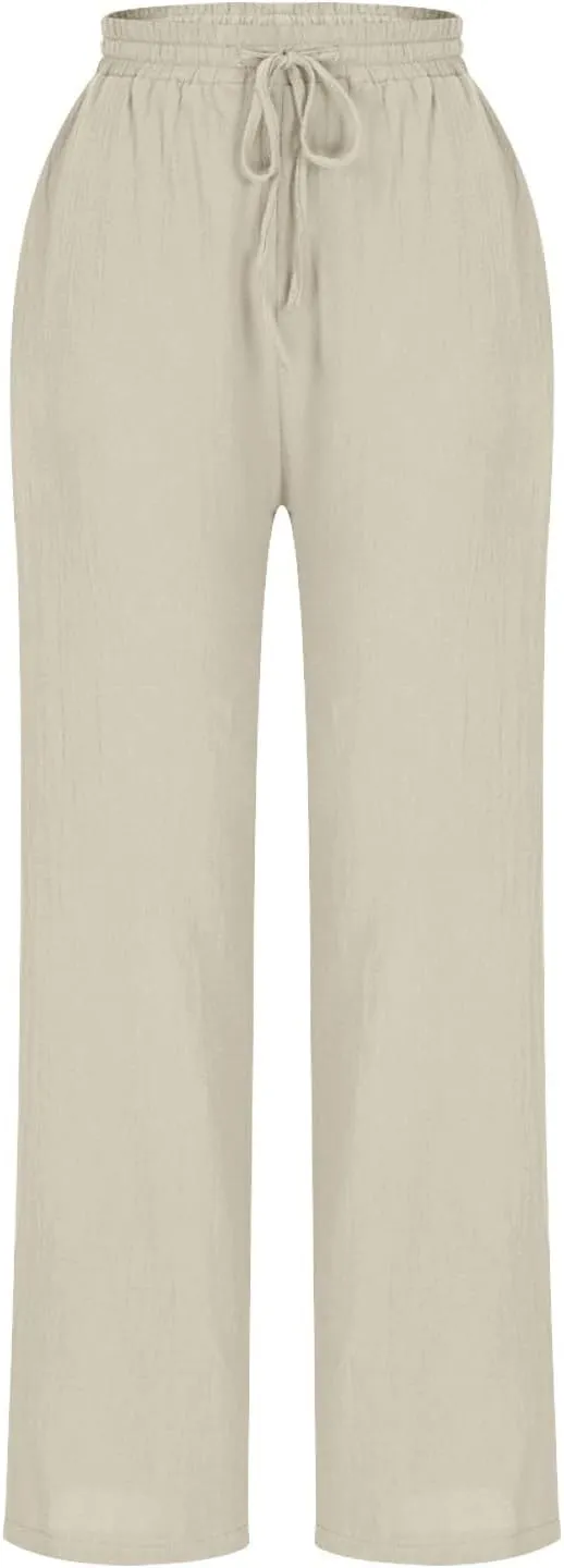 Women Cotton Linen Straight Leg Pants Elastic Drawstring Casual Jogger Trousers with Pockets Summer Beach Lounge Pants