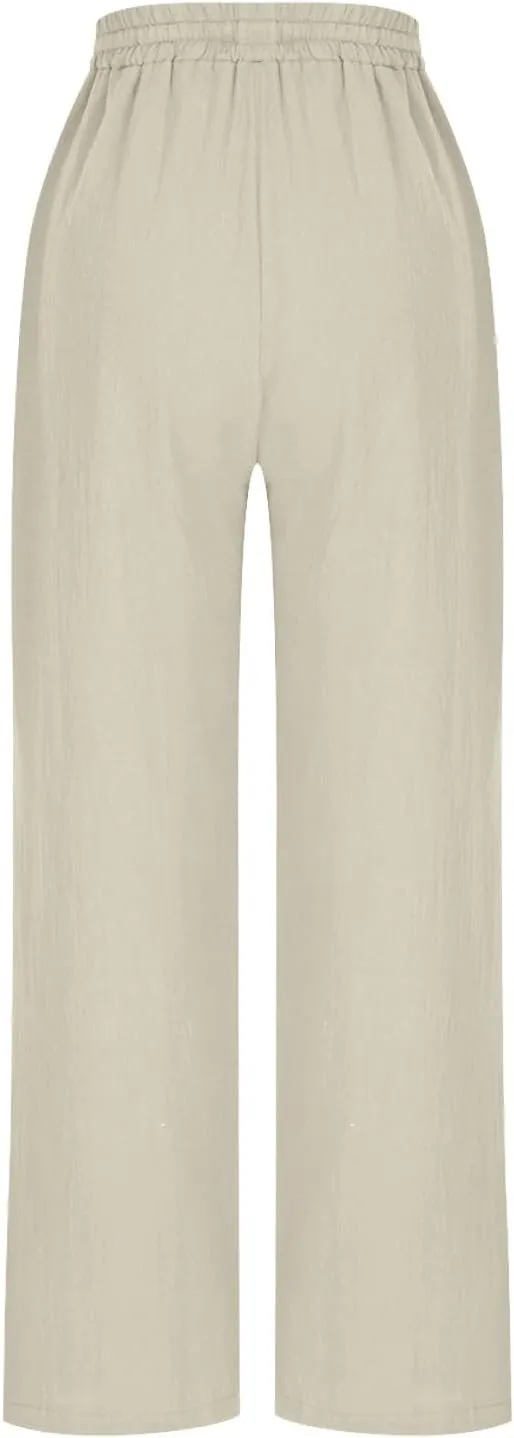Women Cotton Linen Straight Leg Pants Elastic Drawstring Casual Jogger Trousers with Pockets Summer Beach Lounge Pants