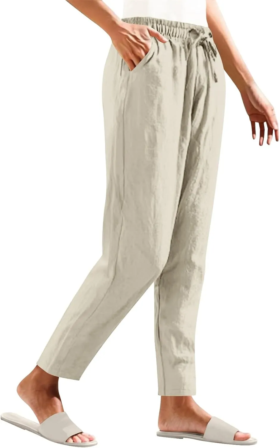 Women Cotton Linen Straight Leg Pants Elastic Drawstring Casual Jogger Trousers with Pockets Summer Beach Lounge Pants