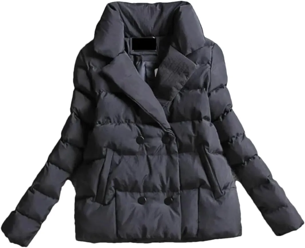 Women Down Cotton-Padded Jacket Short Suit Collar Outerwear solid Colour Long Sleeve Coat black L