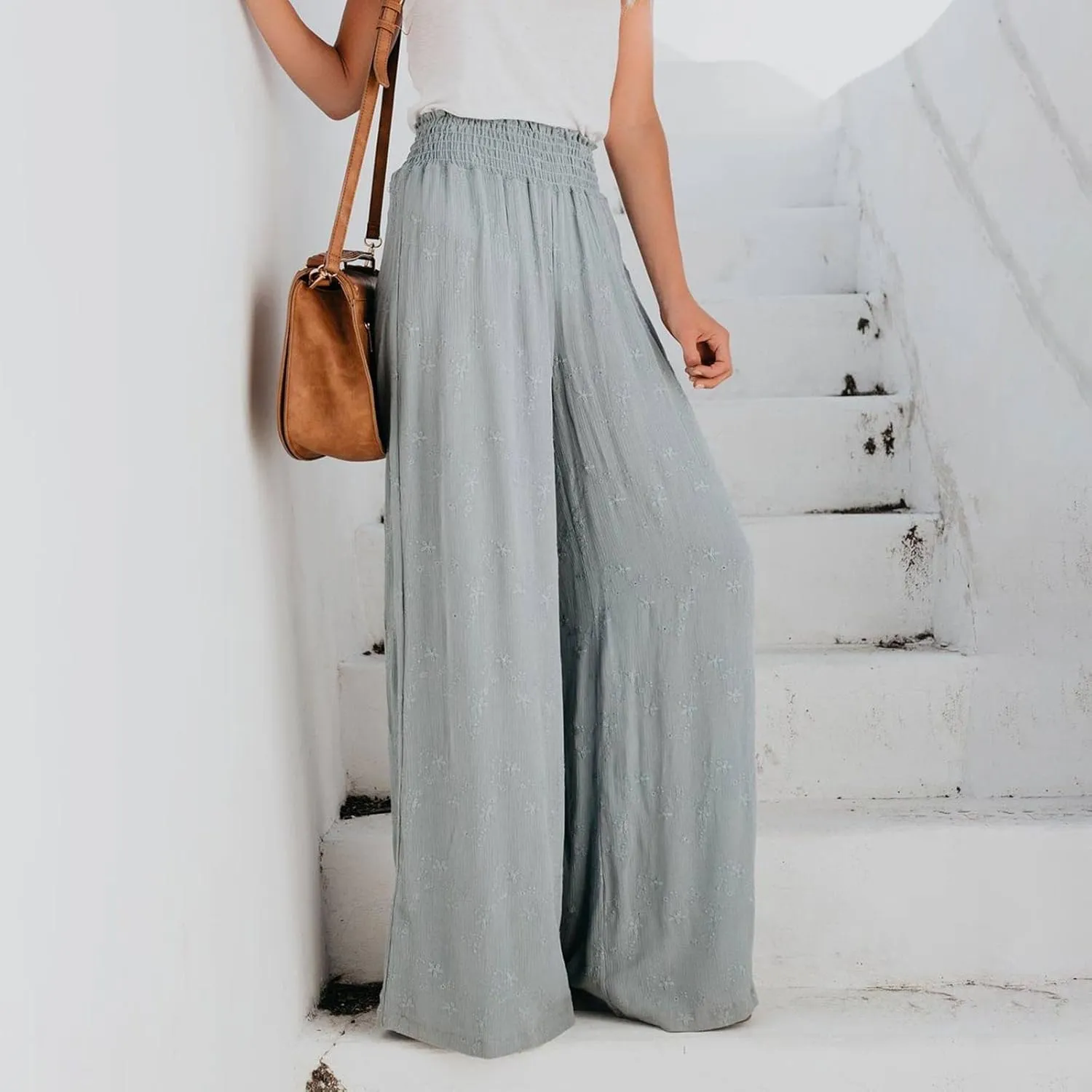 Women Flowers Printed Trouser High Waist Vintage Print Palazzo Pants Lightweight Loose Boho Wide Leg Pant (Grey, S)