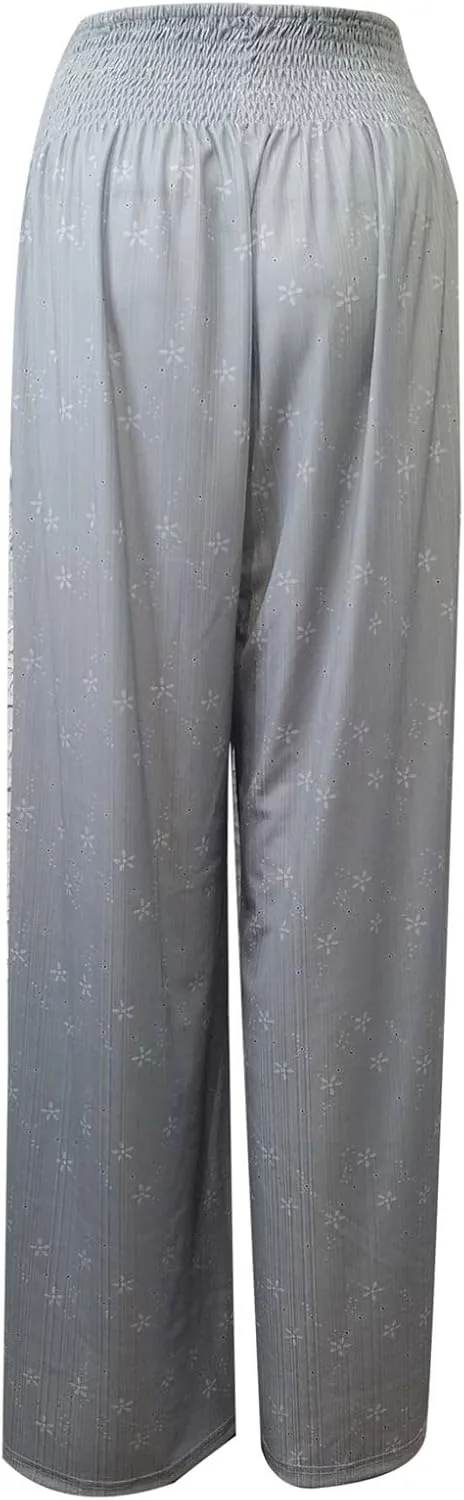 Women Flowers Printed Trouser High Waist Vintage Print Palazzo Pants Lightweight Loose Boho Wide Leg Pant (Grey, S)