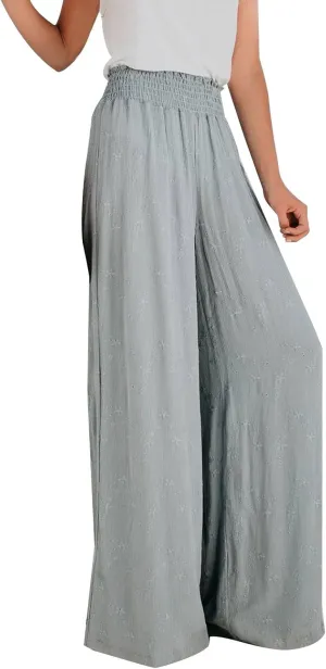 Women Flowers Printed Trouser High Waist Vintage Print Palazzo Pants Lightweight Loose Boho Wide Leg Pant (Grey, S)