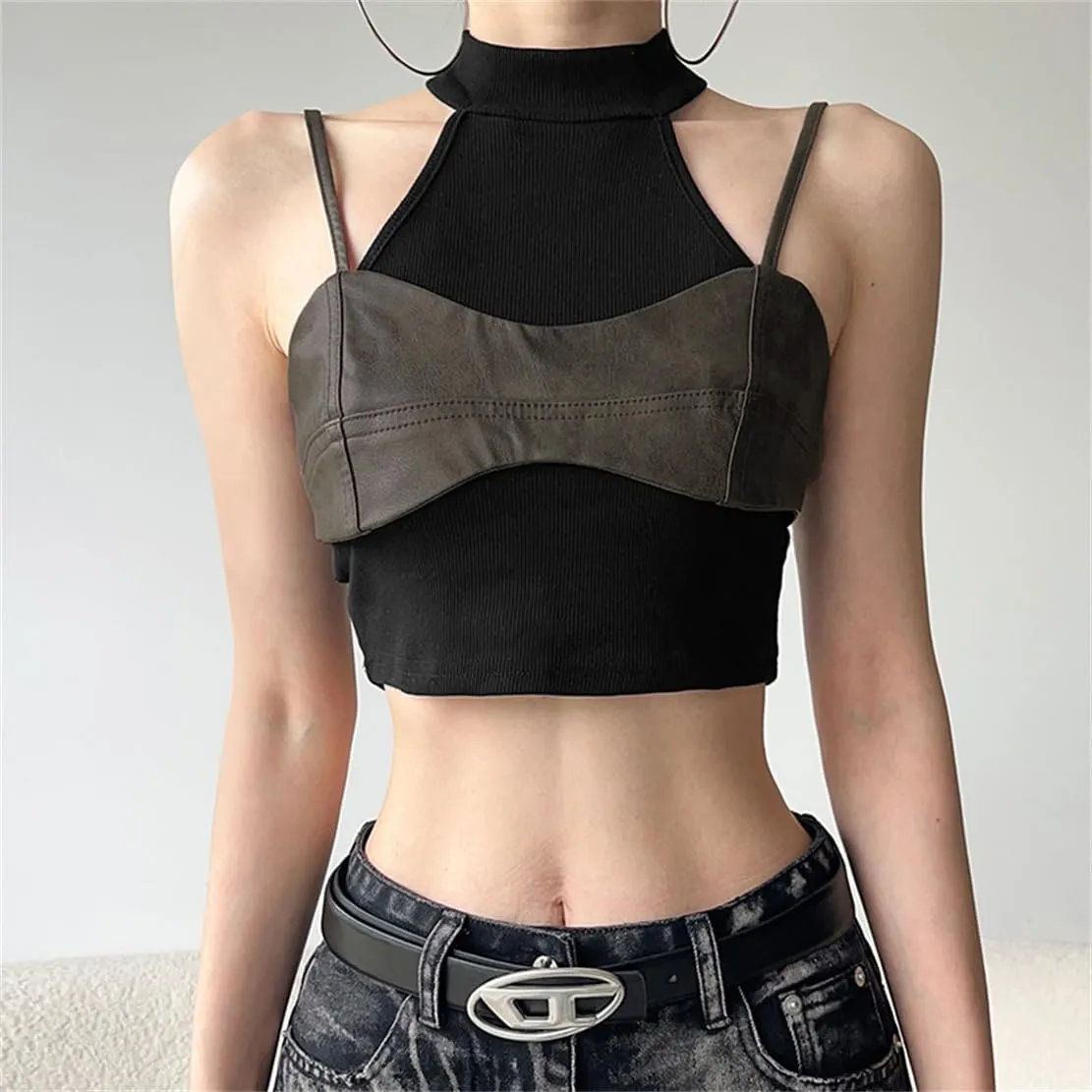Women Gothic Crop Tank Top Sleeveless Camisole Tops Y2K Grunge Blouse Cami Shirt