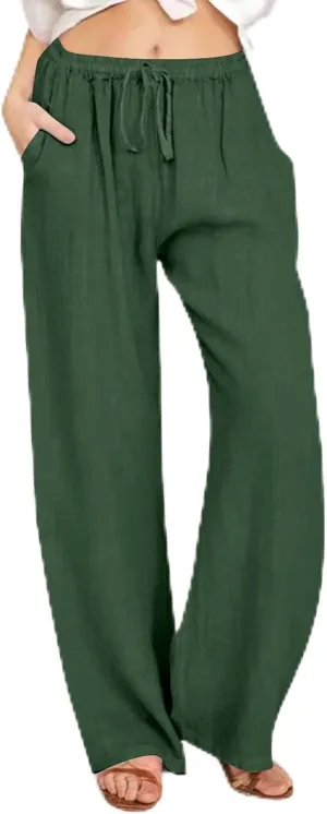 Women High Waist Linen Pants Straight Leg Casual Summer Beach Lightweight Drawstring Wide Leg Long Palazzo Trousers