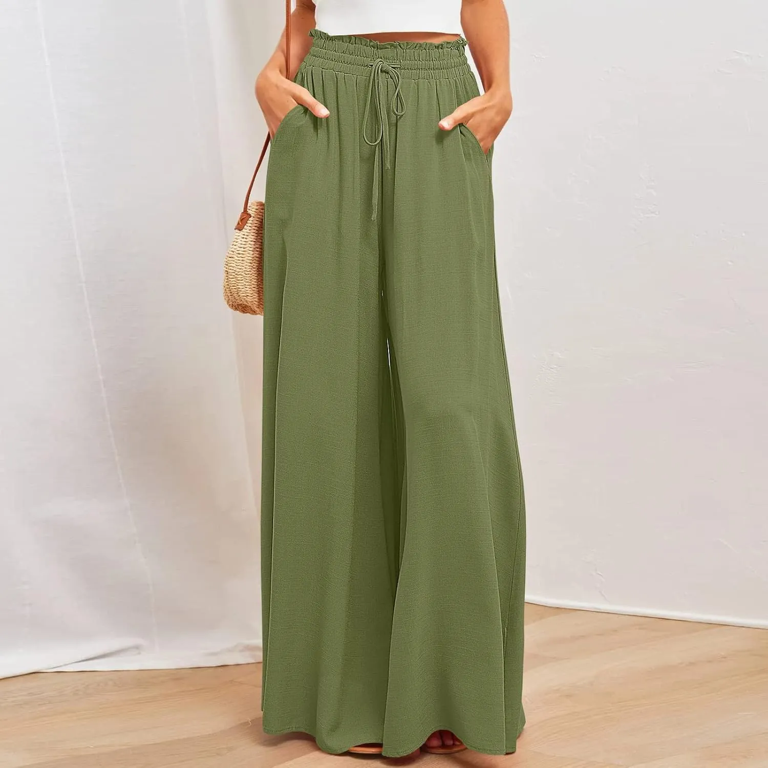 Women High Waist Wide Leg Palazzo Pants Dressy Casual Flowy Pants Loose 2024 Fall Long Lounge Trousers with Pockets