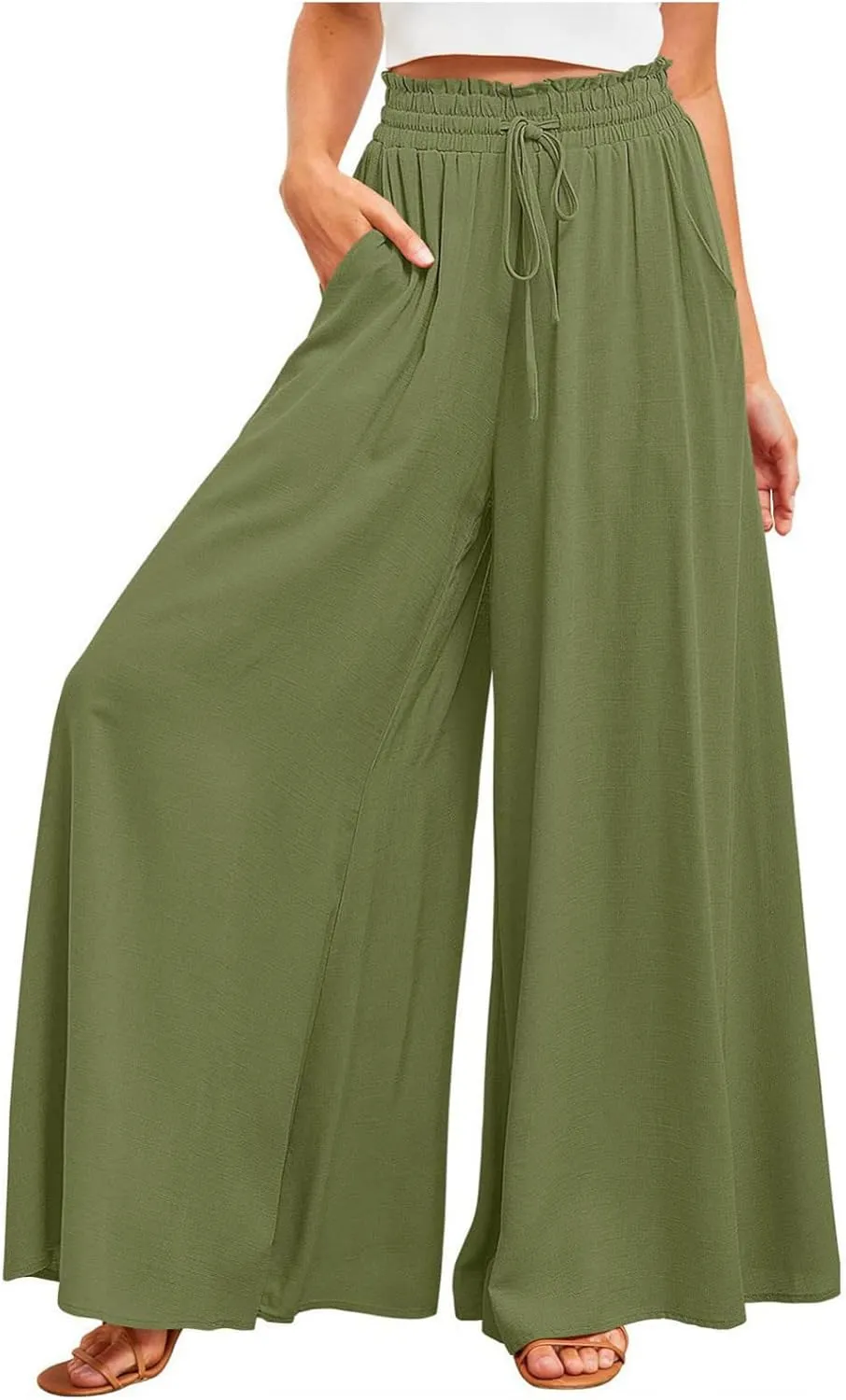 Women High Waist Wide Leg Palazzo Pants Dressy Casual Flowy Pants Loose 2024 Fall Long Lounge Trousers with Pockets