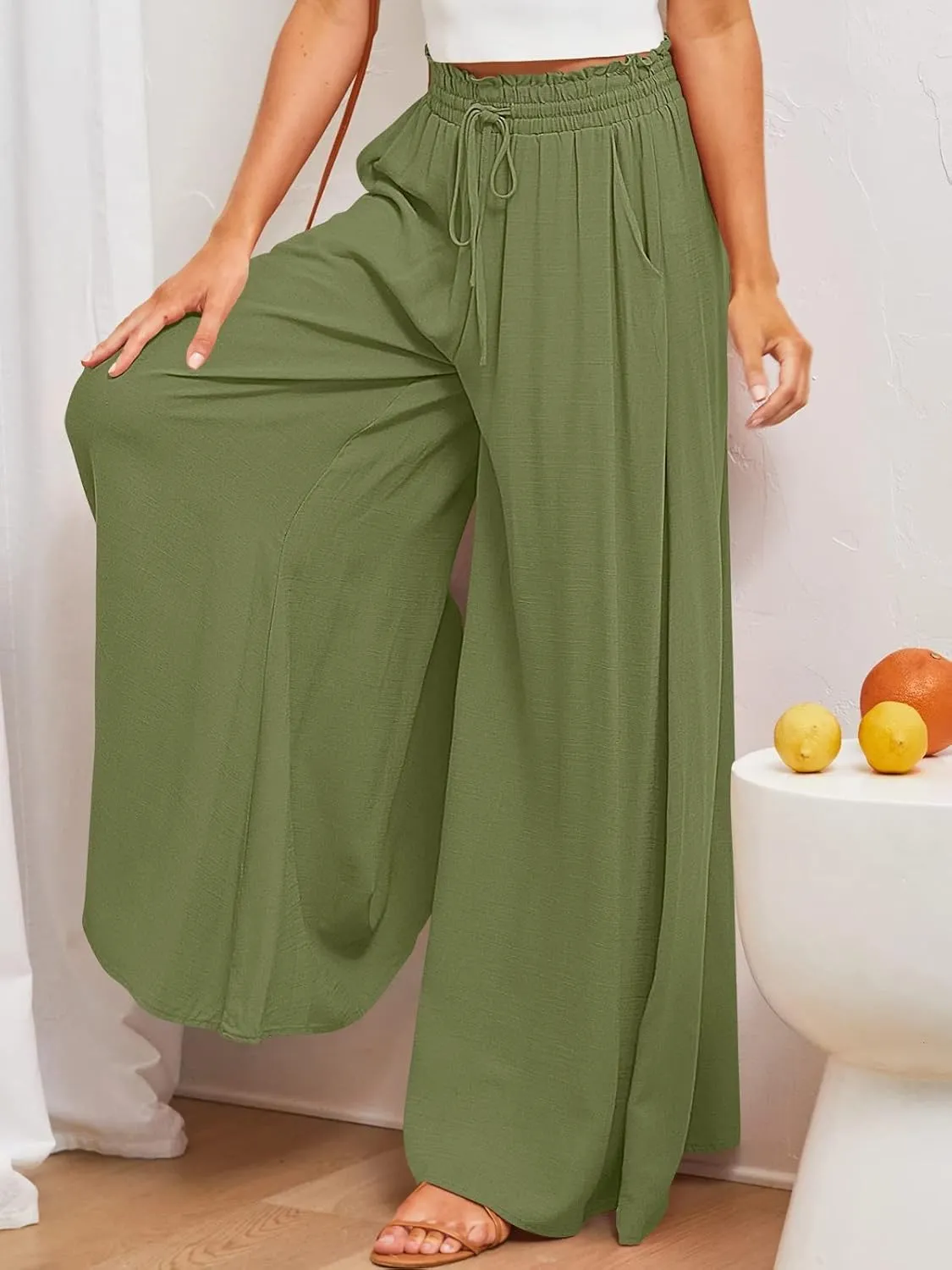 Women High Waist Wide Leg Palazzo Pants Dressy Casual Flowy Pants Loose 2024 Fall Long Lounge Trousers with Pockets