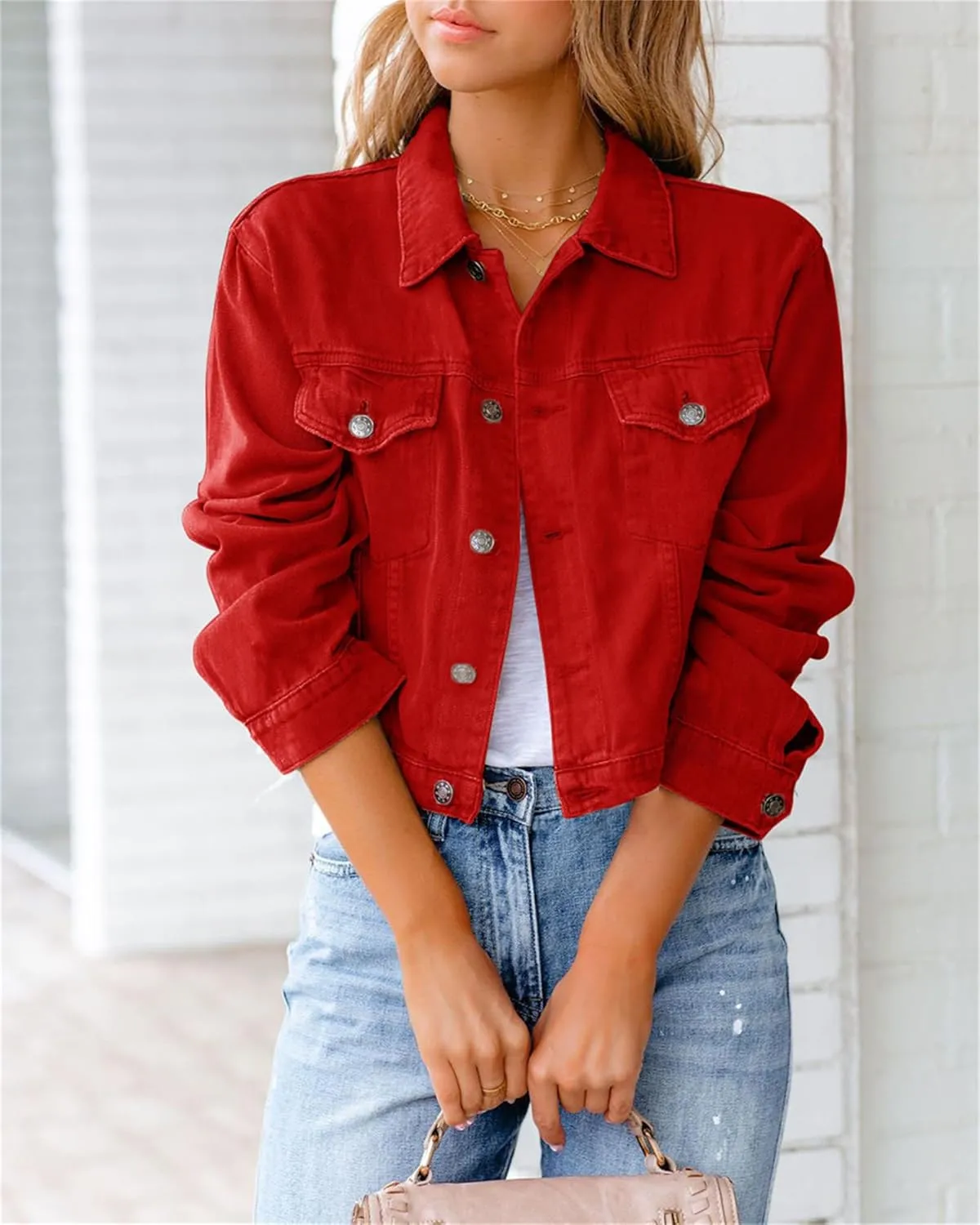 Women Jean Jacket Ripped Puff Sleeve Frayed Slim Denim Crop Top Cropped Jacket