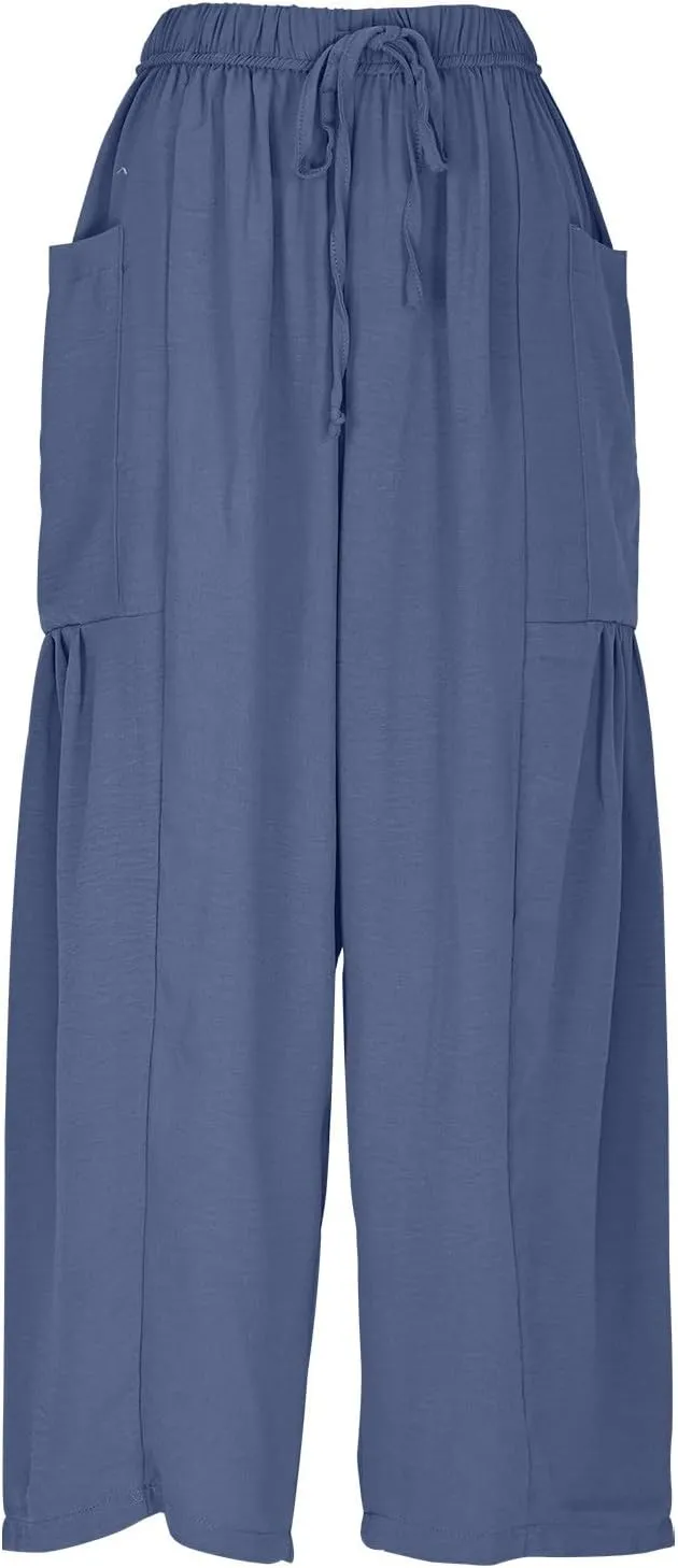 Women Linen Baggy Harem Pants Summer Drawstring Casual Beach Pant 2025 Vacation Wide Leg Lounge Trousers with Pockets