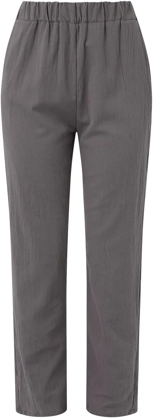 Women Linen Blend Summer Trendy Pant Trousers Elastic Waist Ankle Length Slim Fit Pant Trousers Beach