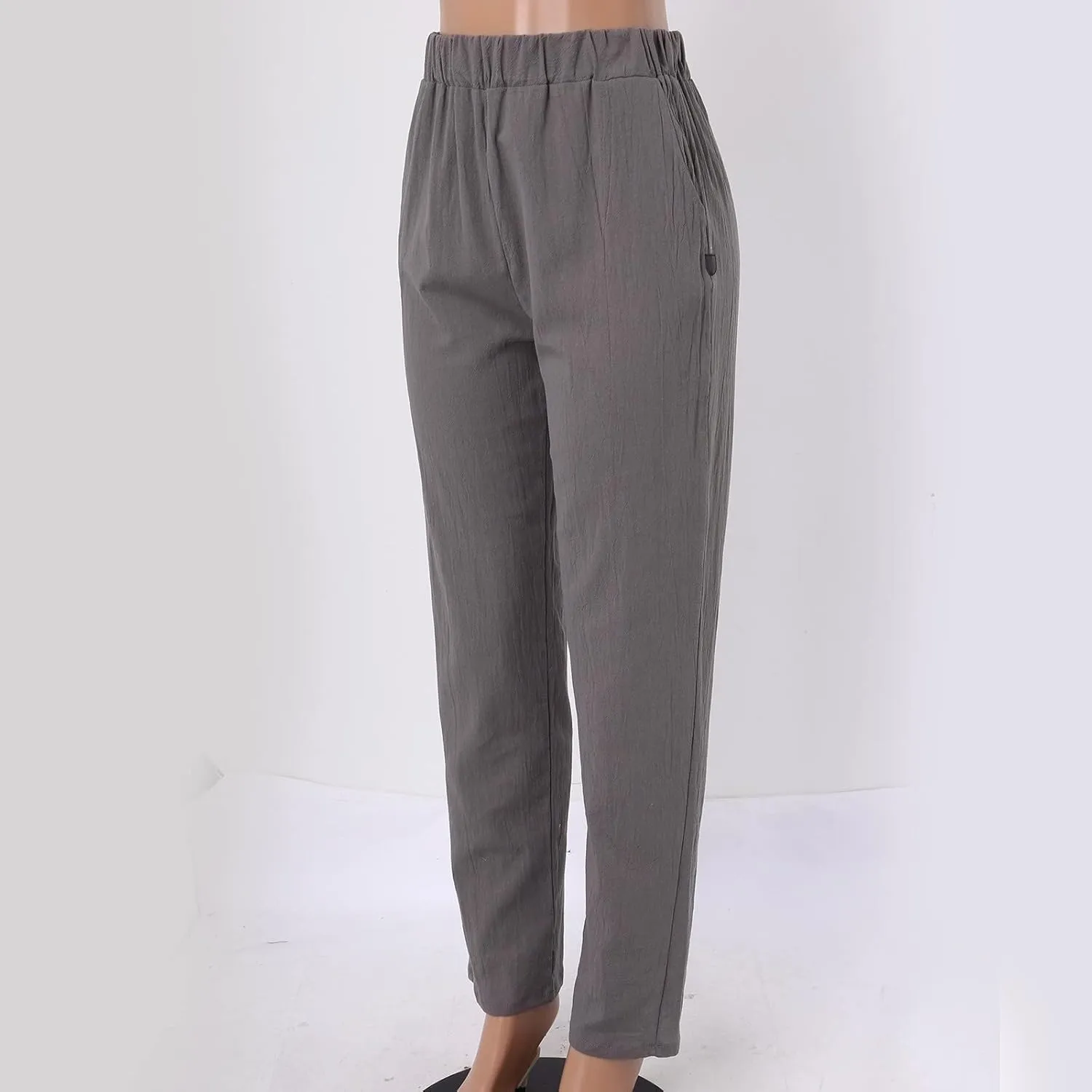 Women Linen Blend Summer Trendy Pant Trousers Elastic Waist Ankle Length Slim Fit Pant Trousers Beach