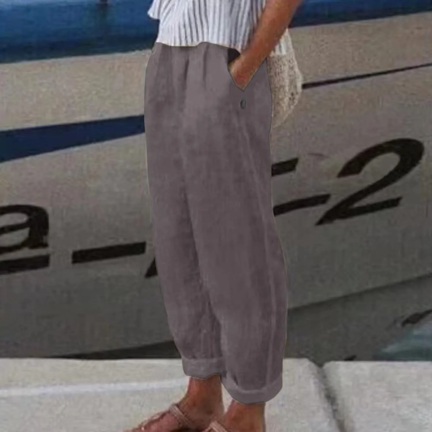 Women Linen Blend Summer Trendy Pant Trousers Elastic Waist Ankle Length Slim Fit Pant Trousers Beach