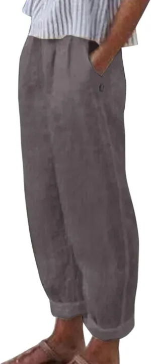 Women Linen Blend Summer Trendy Pant Trousers Elastic Waist Ankle Length Slim Fit Pant Trousers Beach