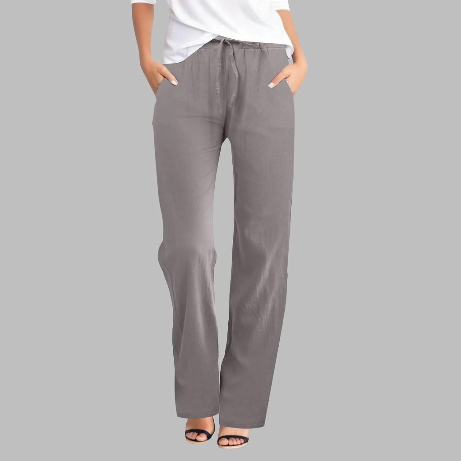 Women Linen Blend Summer Y2K Fashion Palazzo Lounge Pants Low Waist Straight Loose Fit Pant Trousers Travel