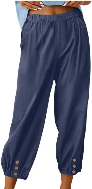 Women Linen Capri Pants Summer Casual Drawstring Elastic High Waist Pants Baggy Wide Leg Cropped Lounge Trousers