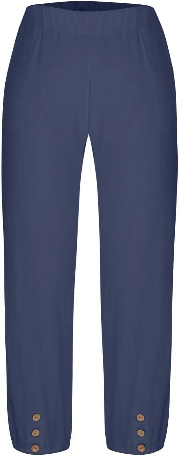 Women Linen Capri Pants Summer Casual Drawstring Elastic High Waist Pants Baggy Wide Leg Cropped Lounge Trousers