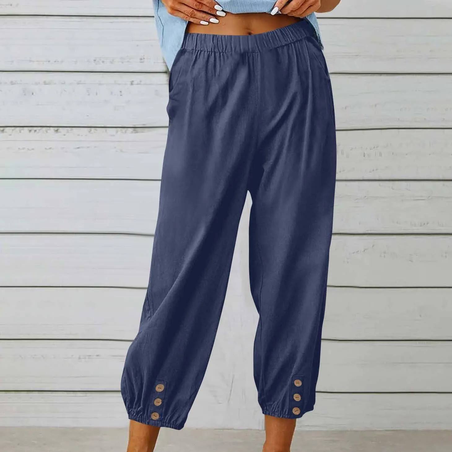 Women Linen Capri Pants Summer Casual Drawstring Elastic High Waist Pants Baggy Wide Leg Cropped Lounge Trousers