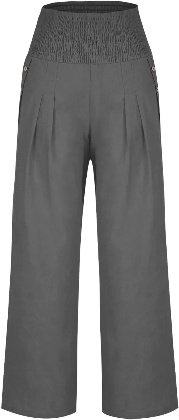 Women Linen Palazzo Pant Summer Boho Pants High Waist Pants Wide Leg Pants Cotton Flowy Trousers with Pocket