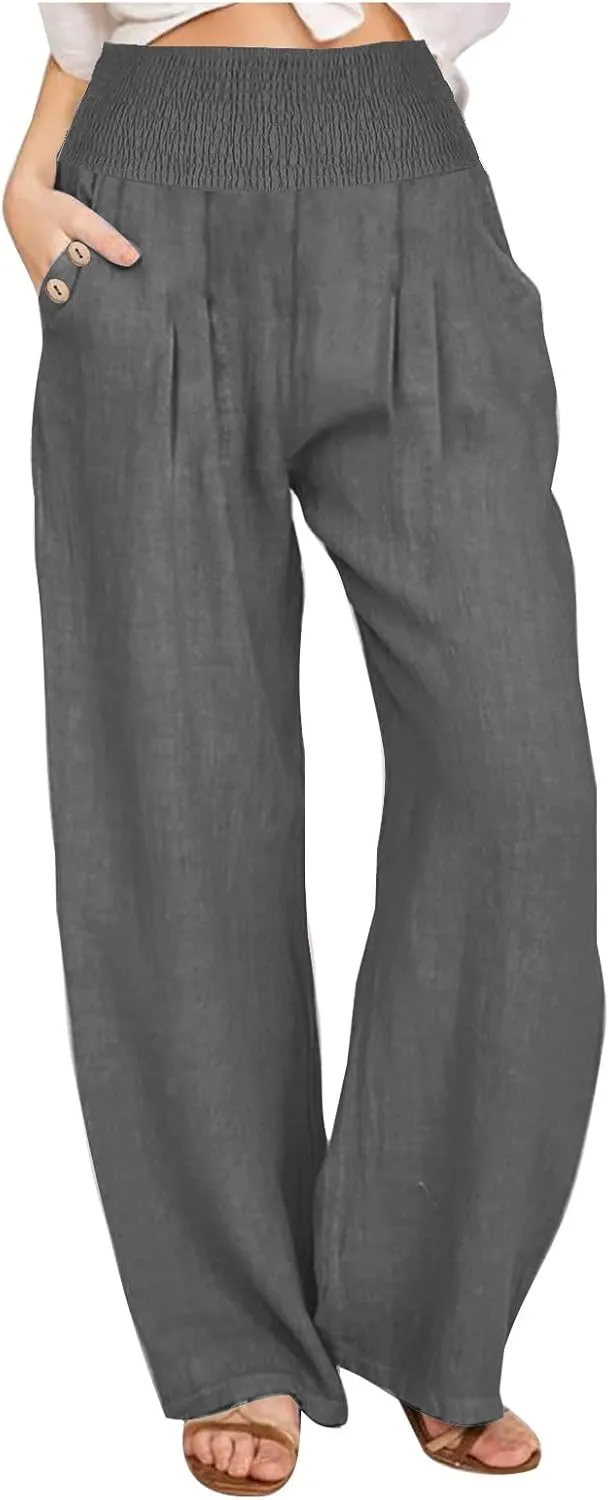 Women Linen Palazzo Pant Summer Boho Pants High Waist Pants Wide Leg Pants Cotton Flowy Trousers with Pocket