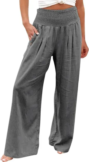 Women Linen Palazzo Pant Summer Boho Pants High Waist Pants Wide Leg Pants Cotton Flowy Trousers with Pocket