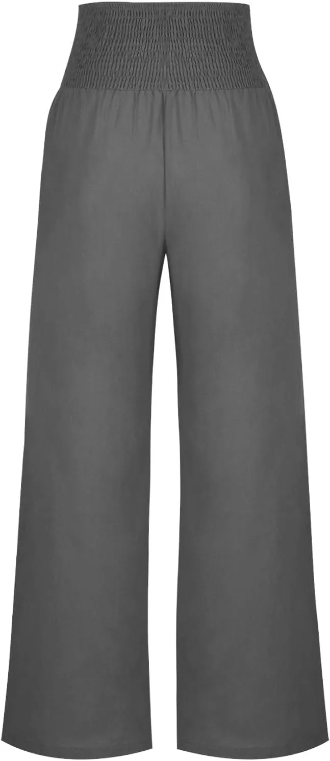 Women Linen Palazzo Pant Summer Boho Pants High Waist Pants Wide Leg Pants Cotton Flowy Trousers with Pocket