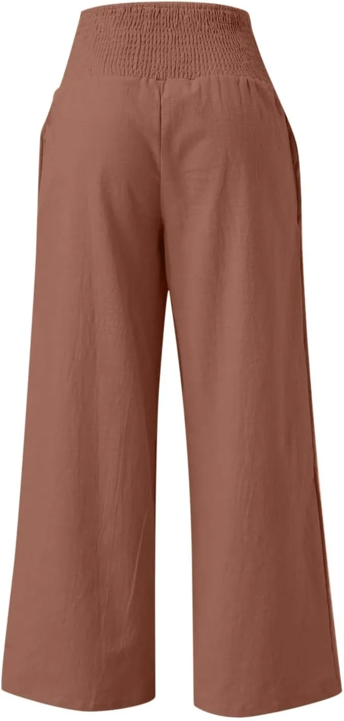 Women Linen Palazzo Pants Summer Wide Leg High Waist Trousers Casual Lounge Pant 2025 Beach Travel Vacation Outfits