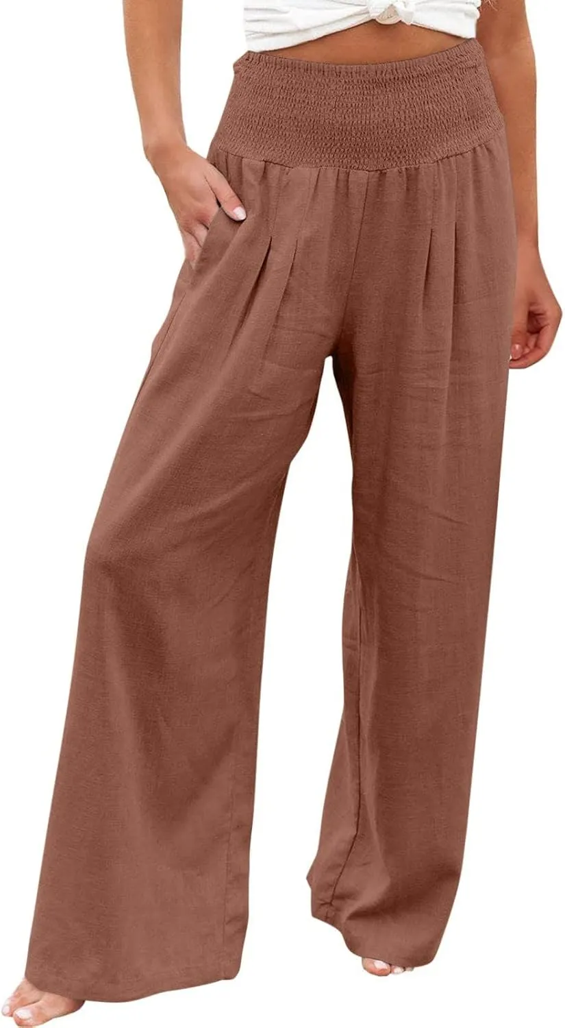 Women Linen Palazzo Pants Summer Wide Leg High Waist Trousers Casual Lounge Pant 2025 Beach Travel Vacation Outfits