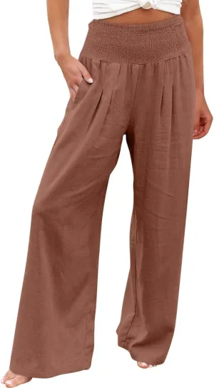 Women Linen Palazzo Pants Summer Wide Leg High Waist Trousers Casual Lounge Pant 2025 Beach Travel Vacation Outfits