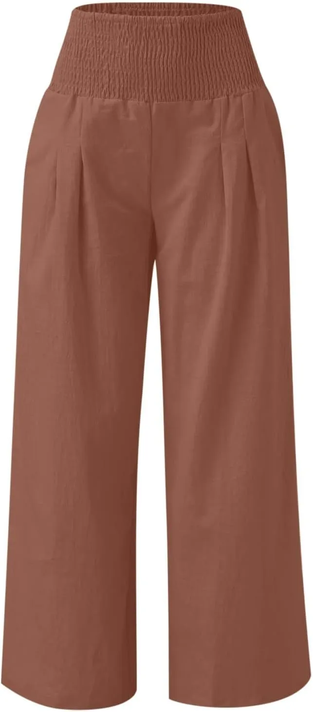 Women Linen Palazzo Pants Summer Wide Leg High Waist Trousers Casual Lounge Pant 2025 Beach Travel Vacation Outfits