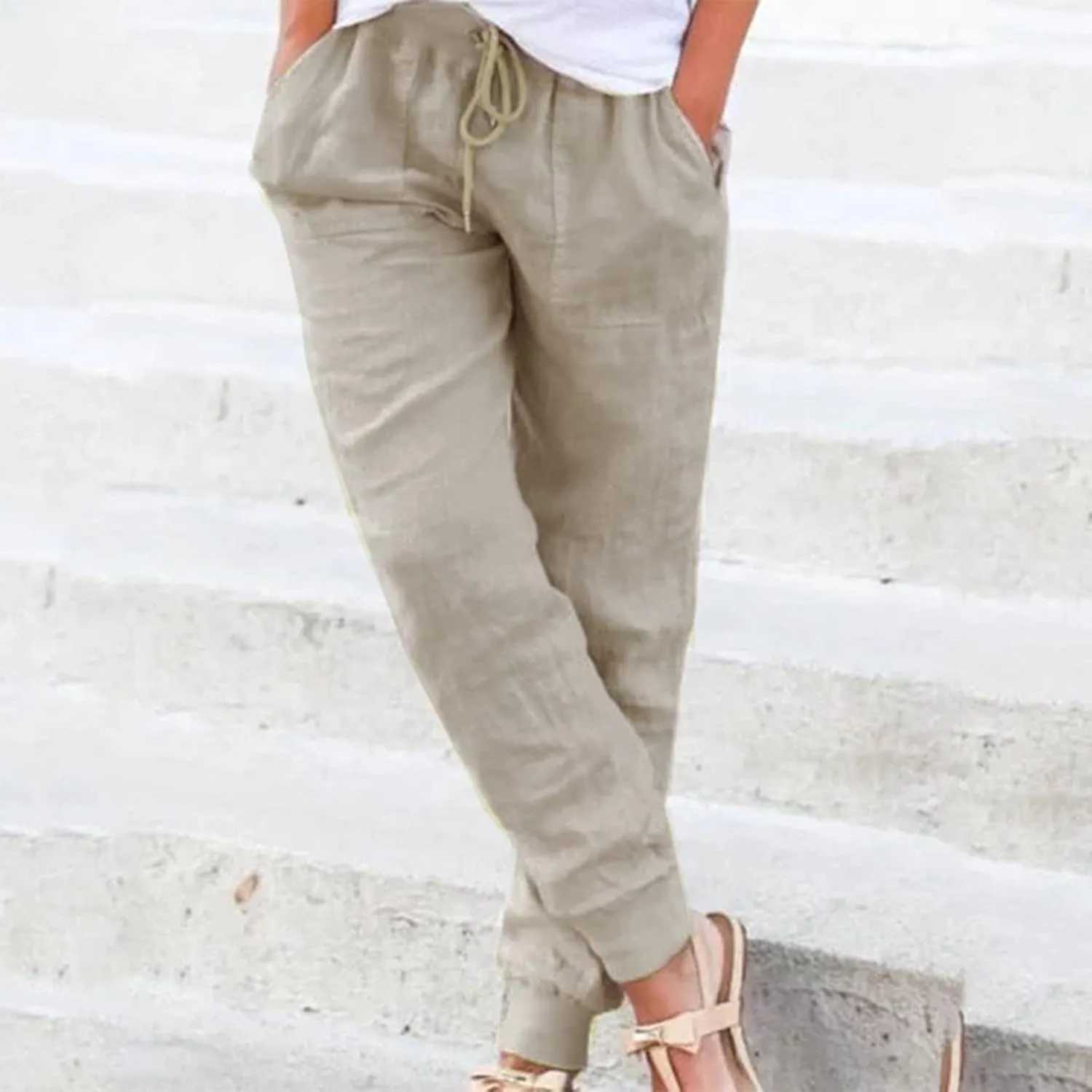 Women Linen Pants Summer Wide Leg Pants Lightweight Casual Palazzo Trouser with Pockets Baggy Solid Color Trousers