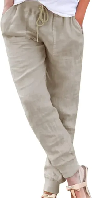 Women Linen Pants Summer Wide Leg Pants Lightweight Casual Palazzo Trouser with Pockets Baggy Solid Color Trousers