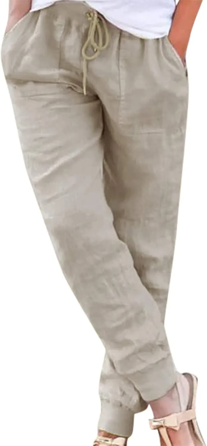 Women Linen Pants Summer Wide Leg Pants Lightweight Casual Palazzo Trouser with Pockets Baggy Solid Color Trousers