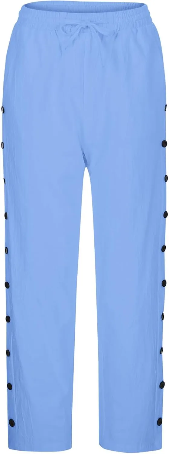Women Linen Summer Striped Palazzo Pants High Waist Ankle Length Slim Fit Palazzo Pants Beach