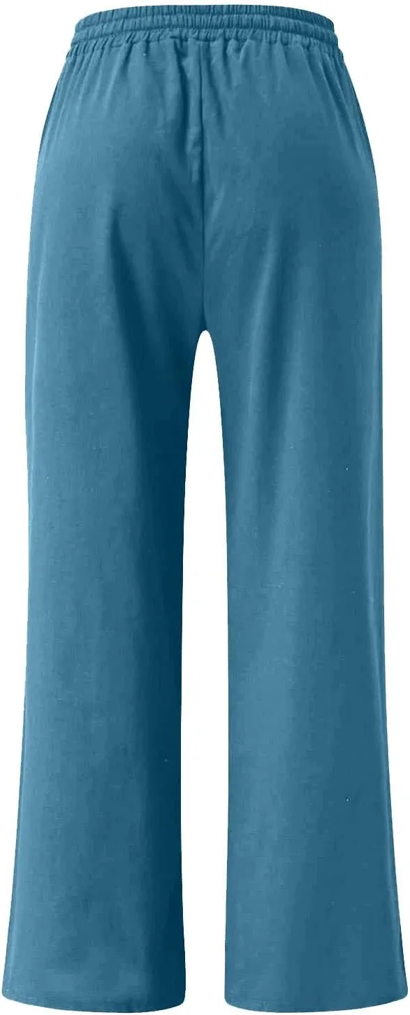 Women Linen Wide Leg Pants Casual High Waist Loose Palazzo Flowy Adjustable Tie Knot Trousers Lounge with Pockets