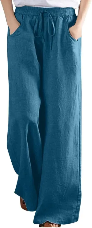 Women Linen Wide Leg Pants Casual High Waist Loose Palazzo Flowy Adjustable Tie Knot Trousers Lounge with Pockets