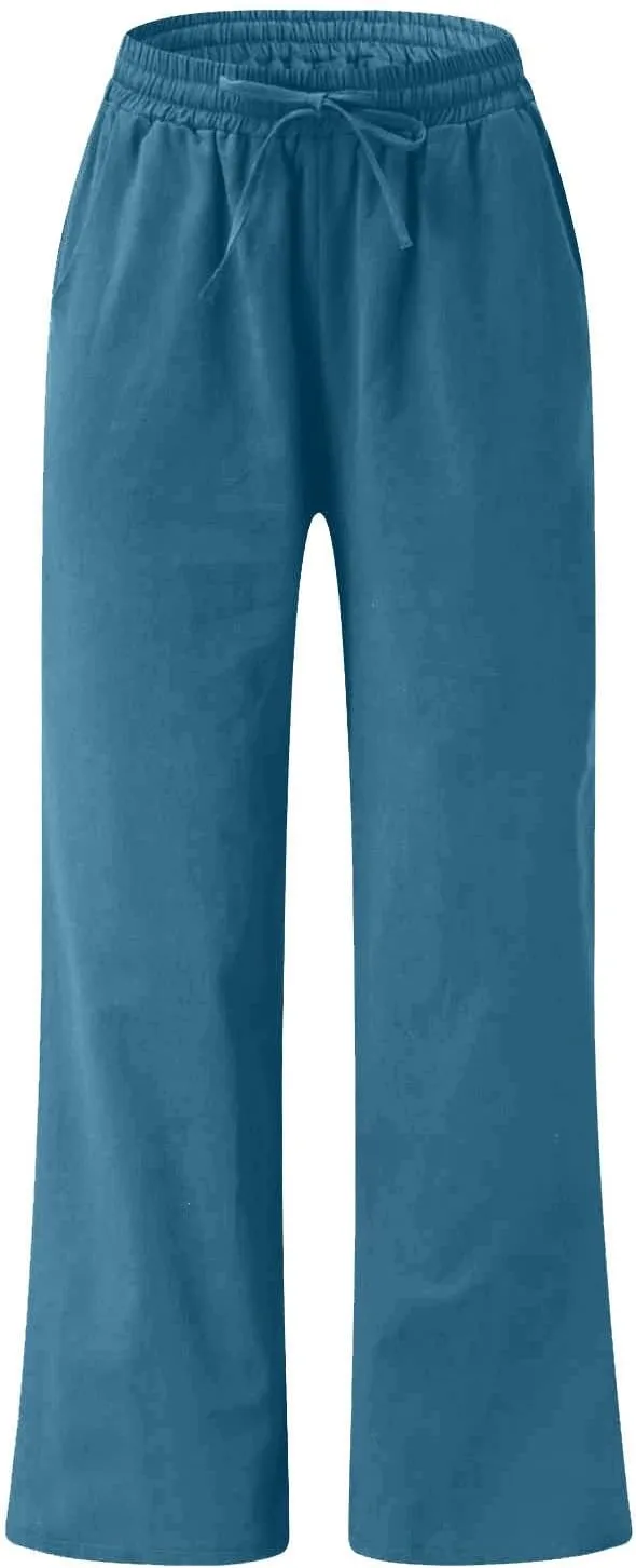 Women Linen Wide Leg Pants Casual High Waist Loose Palazzo Flowy Adjustable Tie Knot Trousers Lounge with Pockets