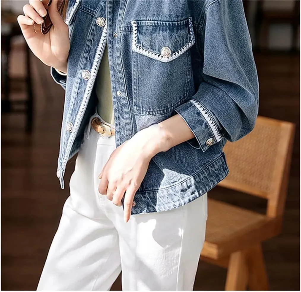 Women Loose Patchwork Single Breasted Denim Coat Outerwear Long Sleeves Short Jeans Jacket