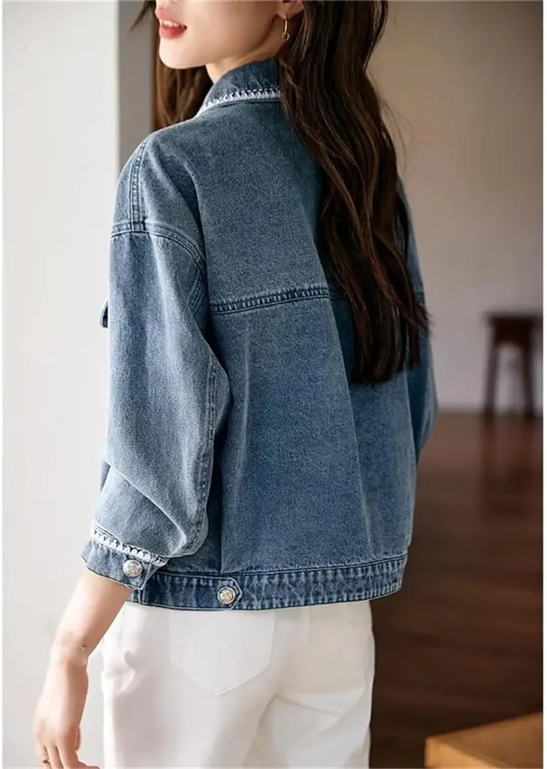Women Loose Patchwork Single Breasted Denim Coat Outerwear Long Sleeves Short Jeans Jacket