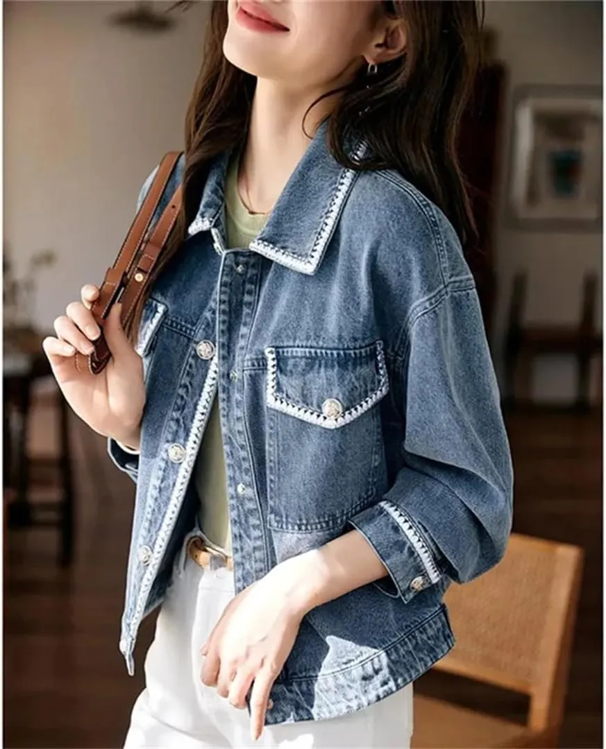 Women Loose Patchwork Single Breasted Denim Coat Outerwear Long Sleeves Short Jeans Jacket