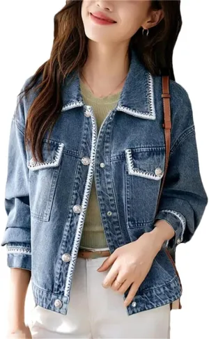 Women Loose Patchwork Single Breasted Denim Coat Outerwear Long Sleeves Short Jeans Jacket