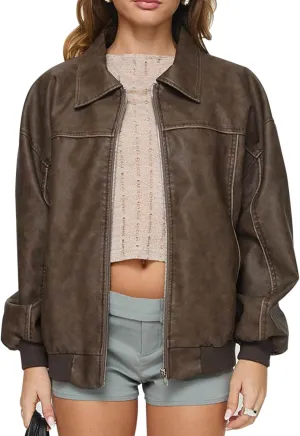 Women Oversized Leather Jacket Zip Up Motorcycle Bomber Coats Faux Pu Leather Moto Jacket Trendy Fall Winter Outwear