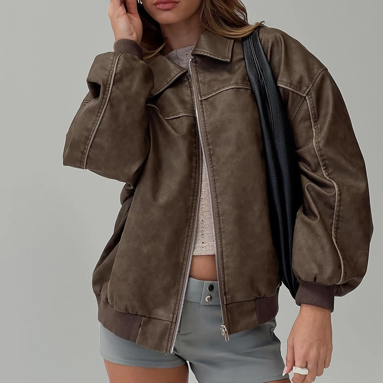 Women Oversized Leather Jacket Zip Up Motorcycle Bomber Coats Faux Pu Leather Moto Jacket Trendy Fall Winter Outwear