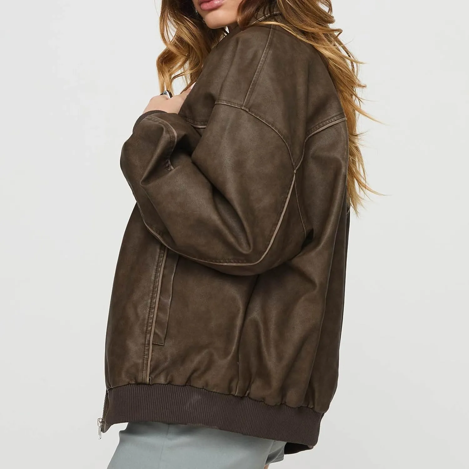 Women Oversized Leather Jacket Zip Up Motorcycle Bomber Coats Faux Pu Leather Moto Jacket Trendy Fall Winter Outwear