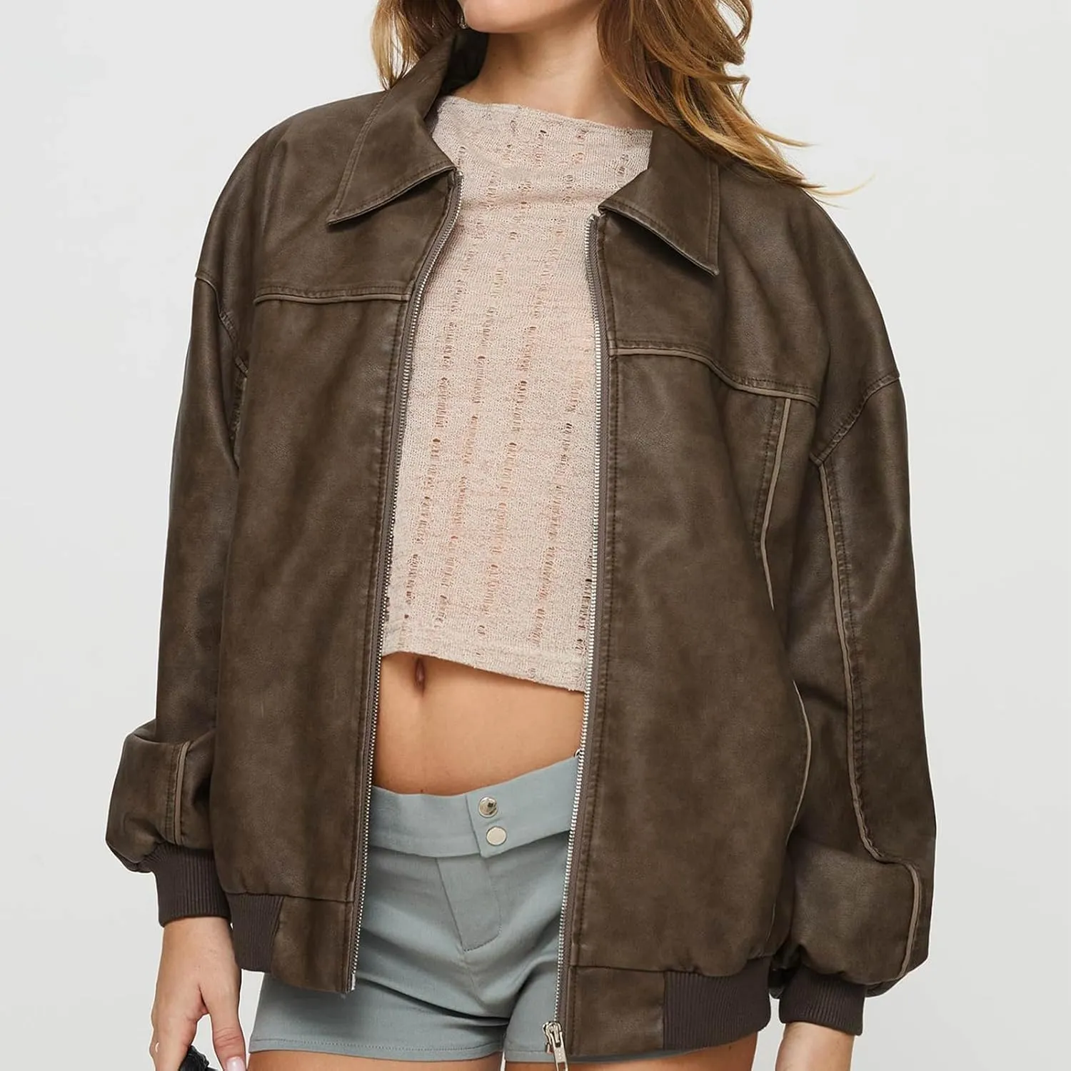 Women Oversized Leather Jacket Zip Up Motorcycle Bomber Coats Faux Pu Leather Moto Jacket Trendy Fall Winter Outwear