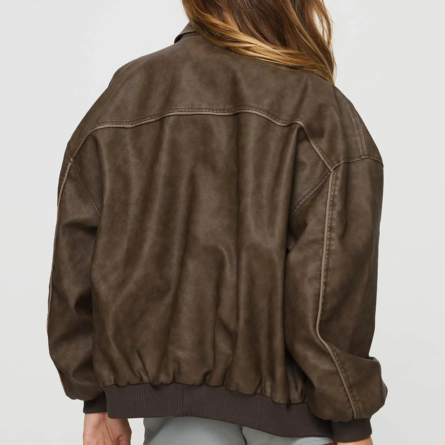 Women Oversized Leather Jacket Zip Up Motorcycle Bomber Coats Faux Pu Leather Moto Jacket Trendy Fall Winter Outwear
