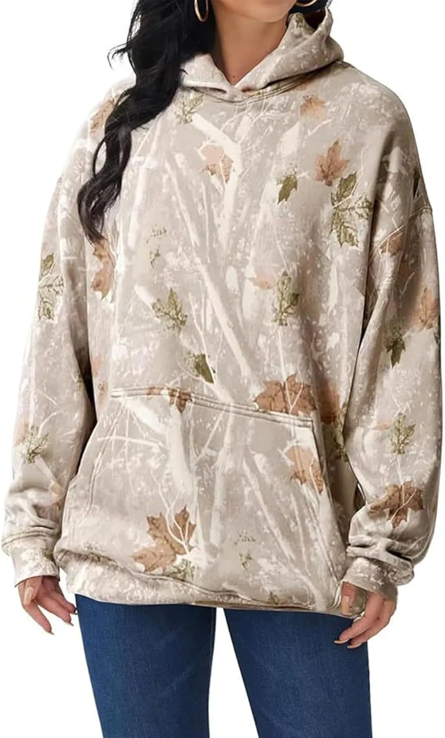 Women Oversized Maple Leaf Print Camo Hoodie Pullover Jumper Workout Hooded Fleece Sweatshirt With Front Pocket