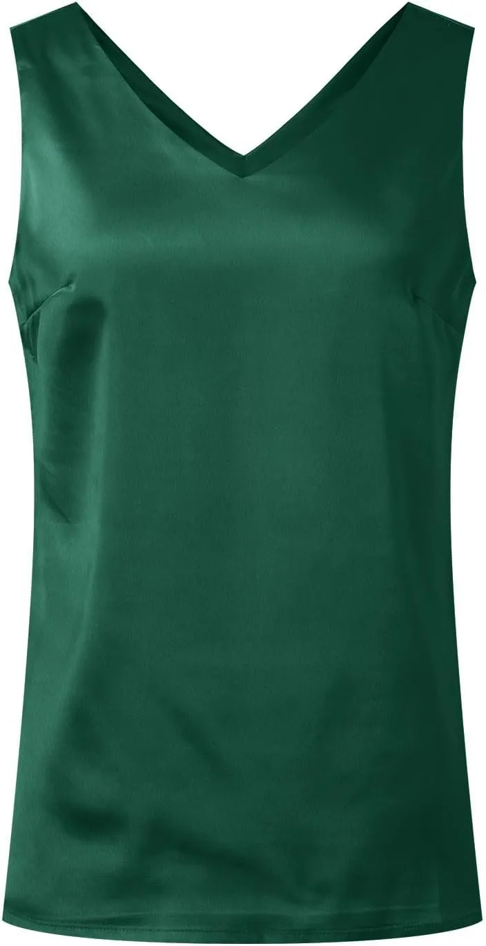 Women Silk Satin Tank Tops Sleeveless Tops Summer Basic Tank Shirt Dressy V-Neck Solid Camisole Blouses Casual Loose